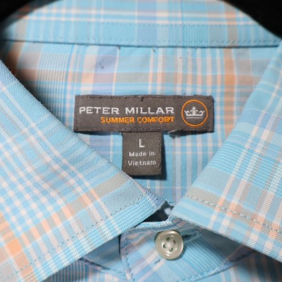 Peter Millar Summer Comfort Mens Large Blue Orange Plaid Performance Shirt MCC - Picture 2 of 10